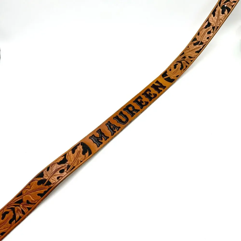 Maureen Vintage Western Name Belt 32 Hand Tooled Brown Leather Leaves No Buckle